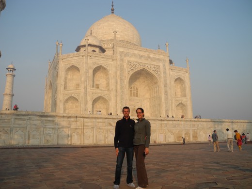 Outside the Taj Mahal, early morning