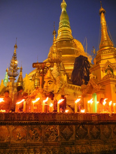 The Shwedagon Pagoda, just after sunset.